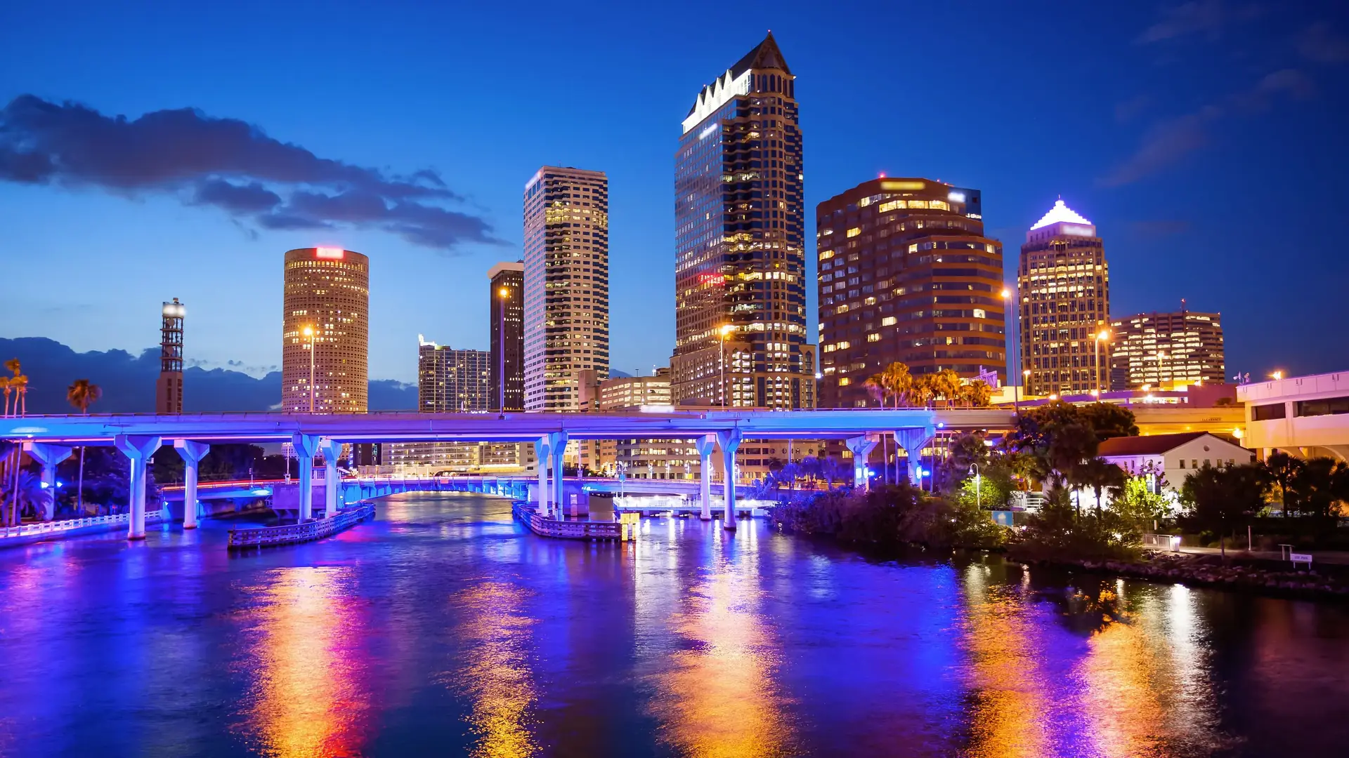 Downtown Tampa skyline at dusk, reflected in the Hillsborough River